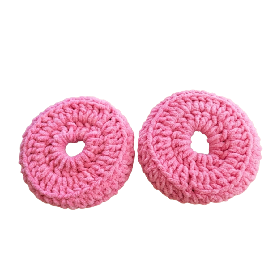 Pair of pink crochet headset covers